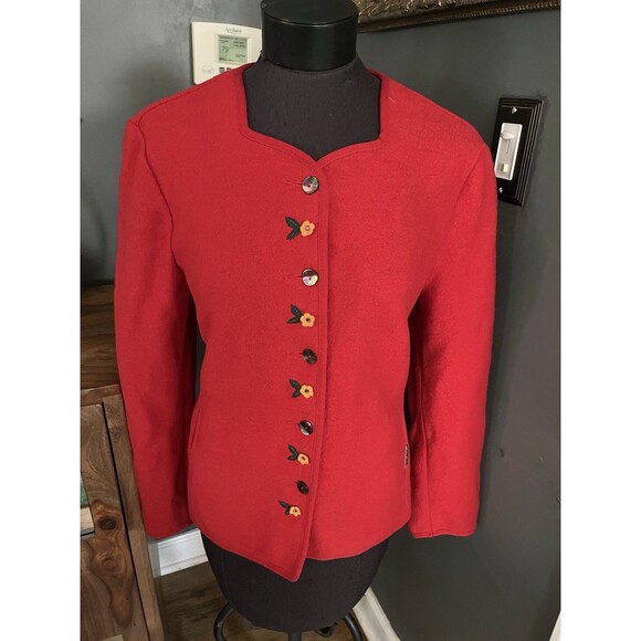 Geiger Collection Embroidered Boiled Wool Jacket Caridgan Flowers Red 40 M - Picture 1 of 8